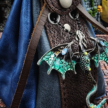 Leather Dice Bag with Jeweled Blue Dragon Charm