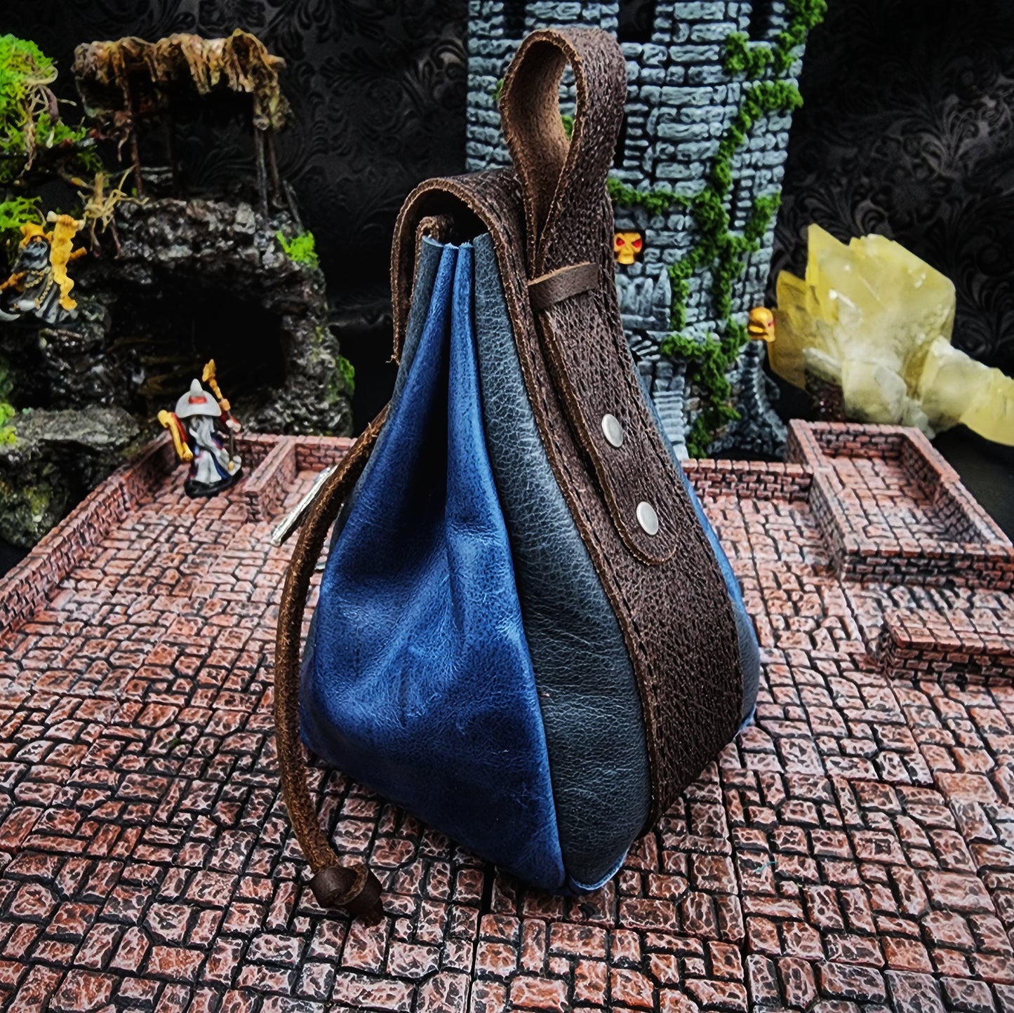 Leather Dice Bag with Jeweled Blue Dragon Charm