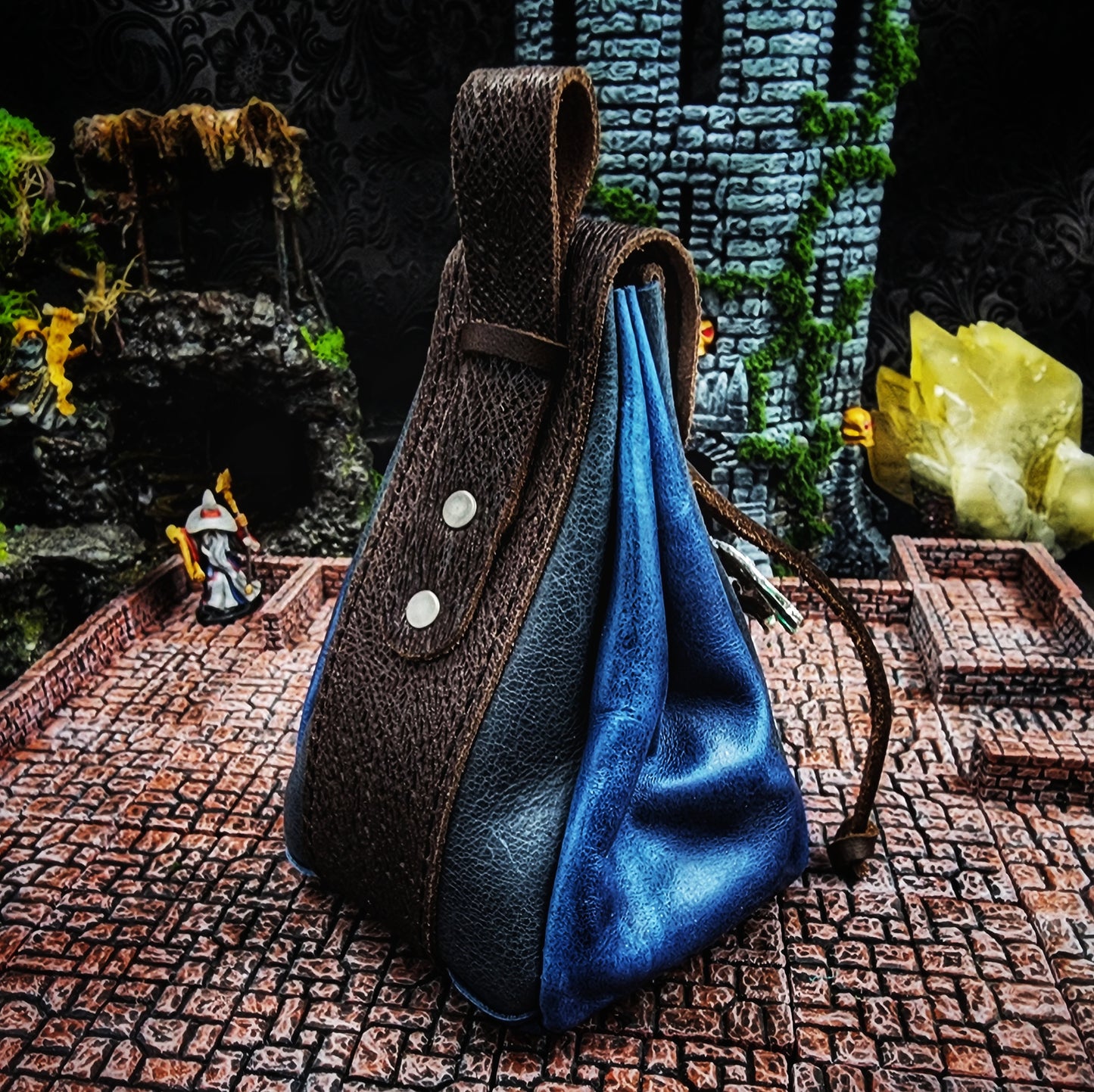 Leather Dice Bag with Jeweled Blue Dragon Charm