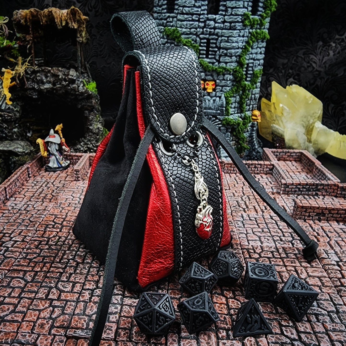 Leather Dice Bag with Dice Set and Vampire Bat Charm