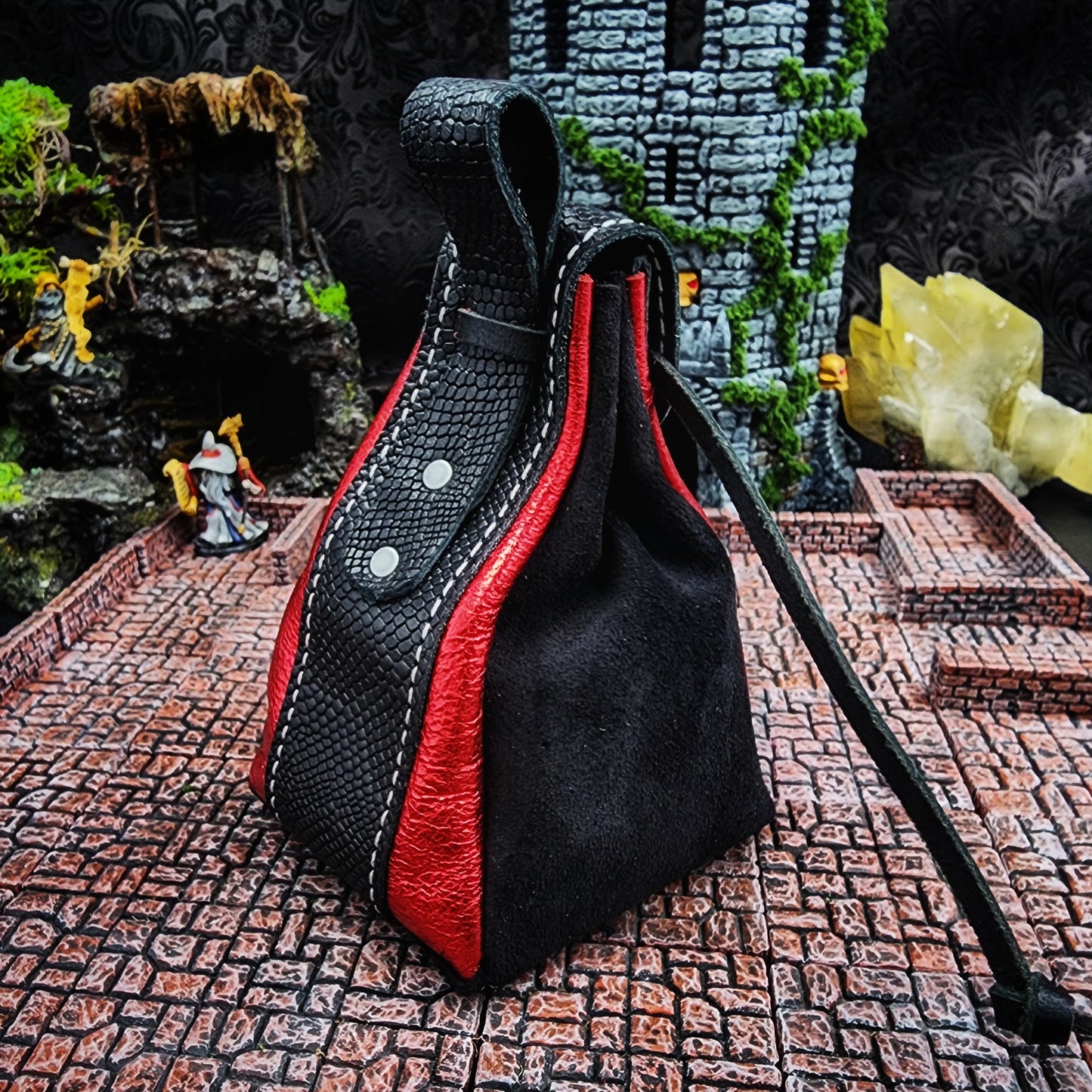 Leather Dice Bag with Dice Set and Vampire Bat Charm