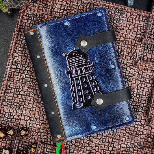 Handmade A5 leather adventure journal with hand-gilded Dalek design from Doctor Who by Grimbeard Leather