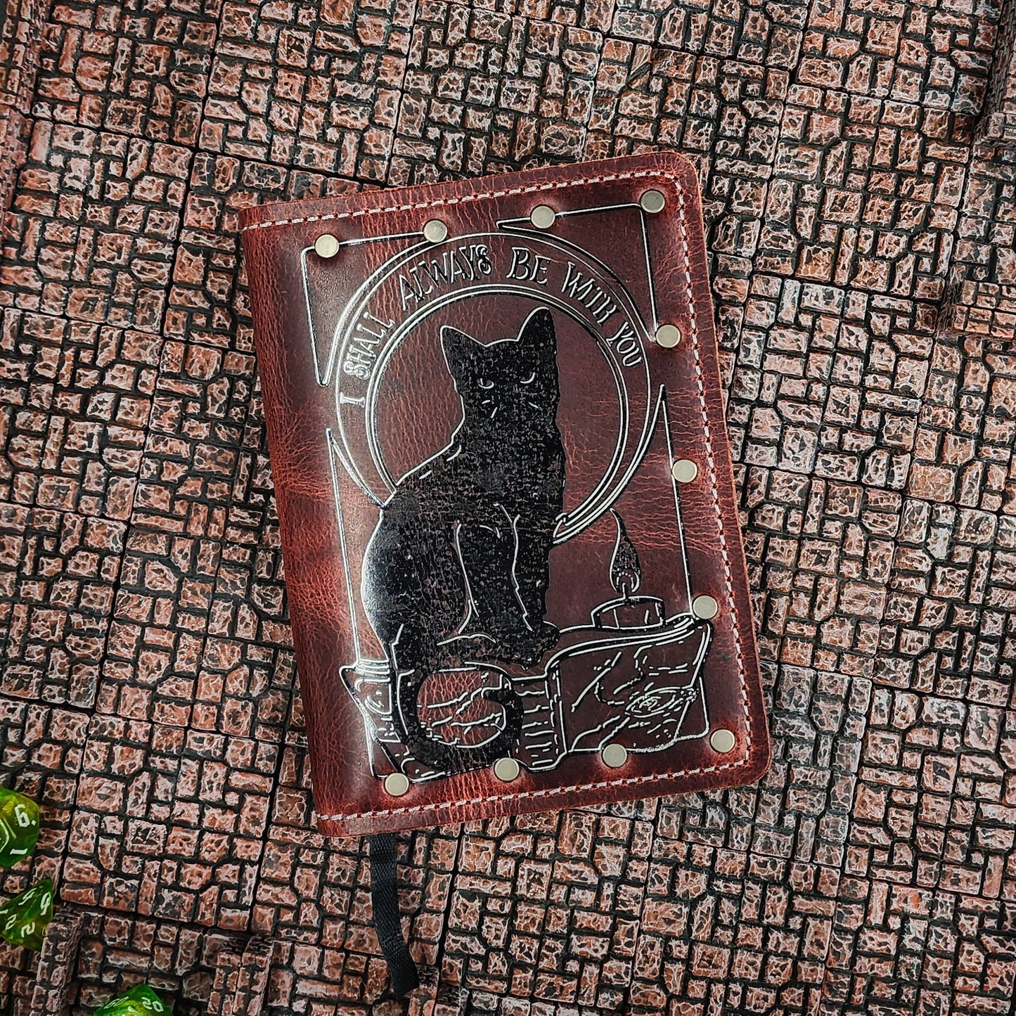 Custom handmade leather pocket journal with Hocus Pocus inspired black cat, black flame candle, and witch silhouettes by Grimbeard Leather
