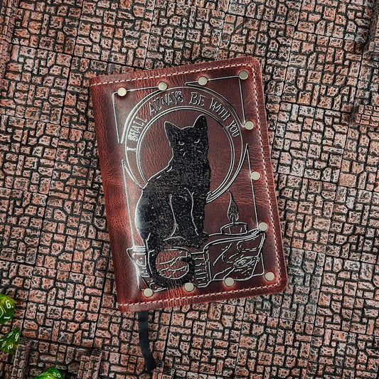Custom handmade leather pocket journal with Hocus Pocus inspired black cat, black flame candle, and witch silhouettes by Grimbeard Leather