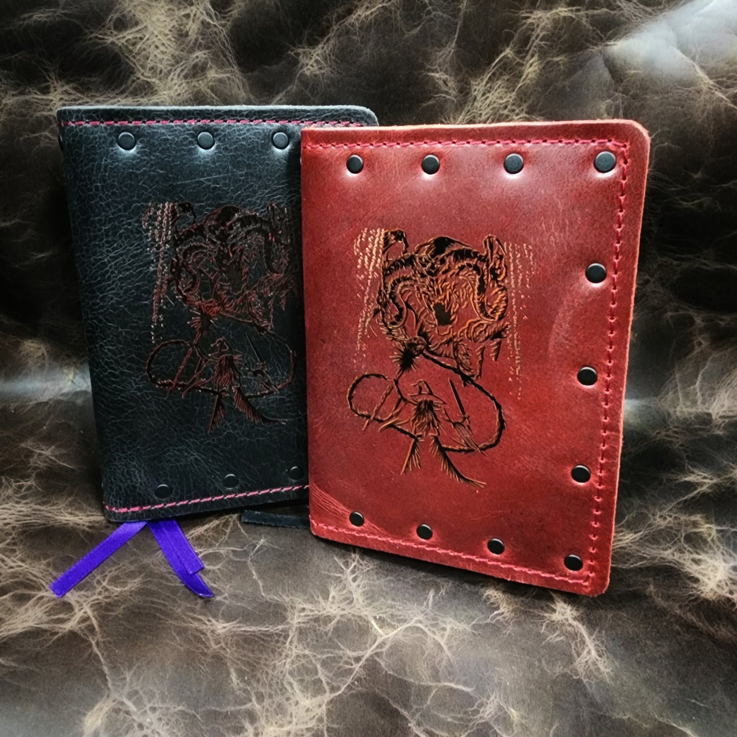 Custom handmade leather pocket journal with Gandalf vs Balrog bridge battle design by Grimbeard Leather