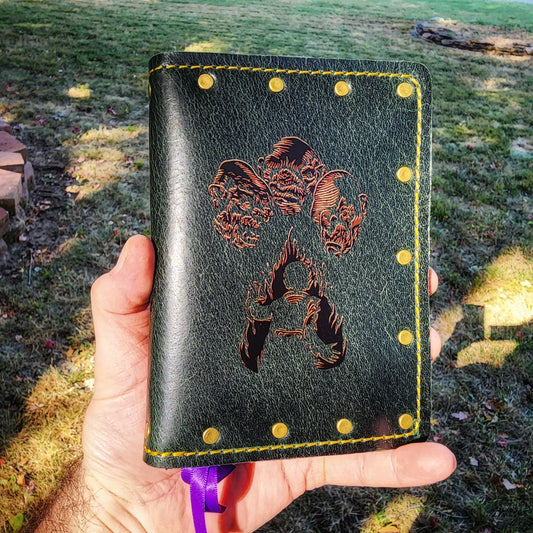 Custom handmade leather pocket journal with Bilbo and the three trolls inspired by The Hobbit by Grimbeard Leather