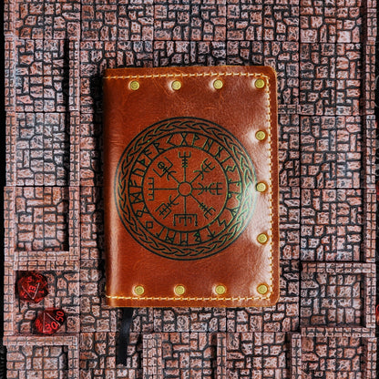 Custom handmade leather pocket journal with hand-gilded Vegvisir Norse wayfinder compass design by Grimbeard Leather