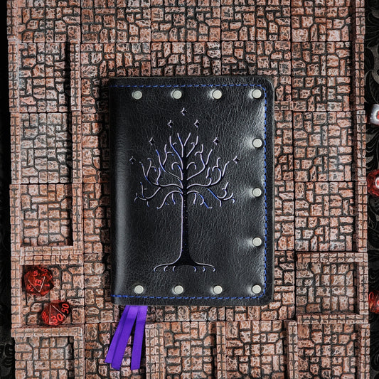 Custom handmade leather pocket journal with Lord of the Rings White Tree of Gondor design by Grimbeard Leather