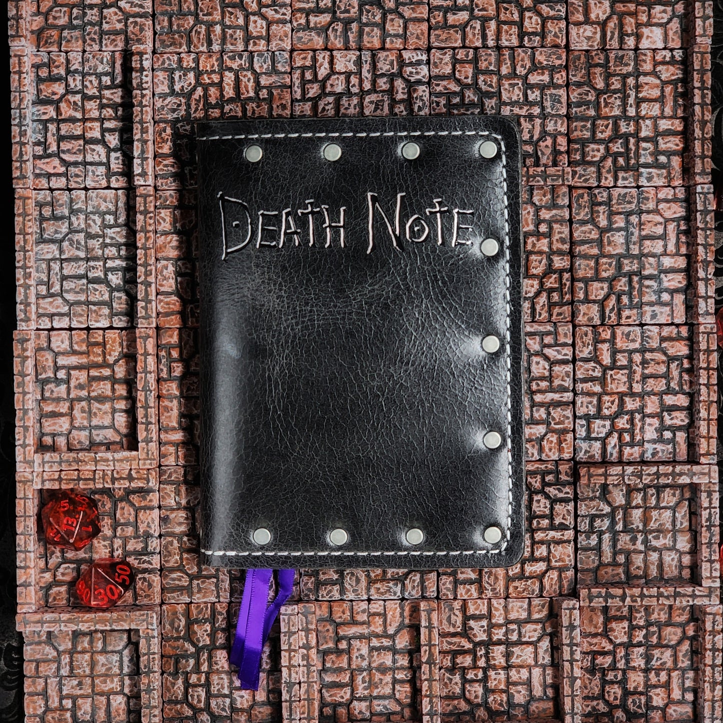 Custom handmade leather pocket journal with Death Note inspired Shinigami and Ryuk design by Grimbeard Leather