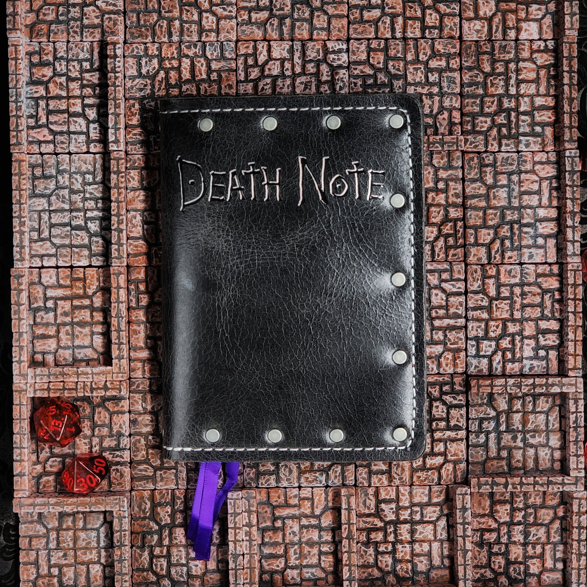 Custom handmade leather pocket journal with Death Note inspired Shinigami and Ryuk design by Grimbeard Leather