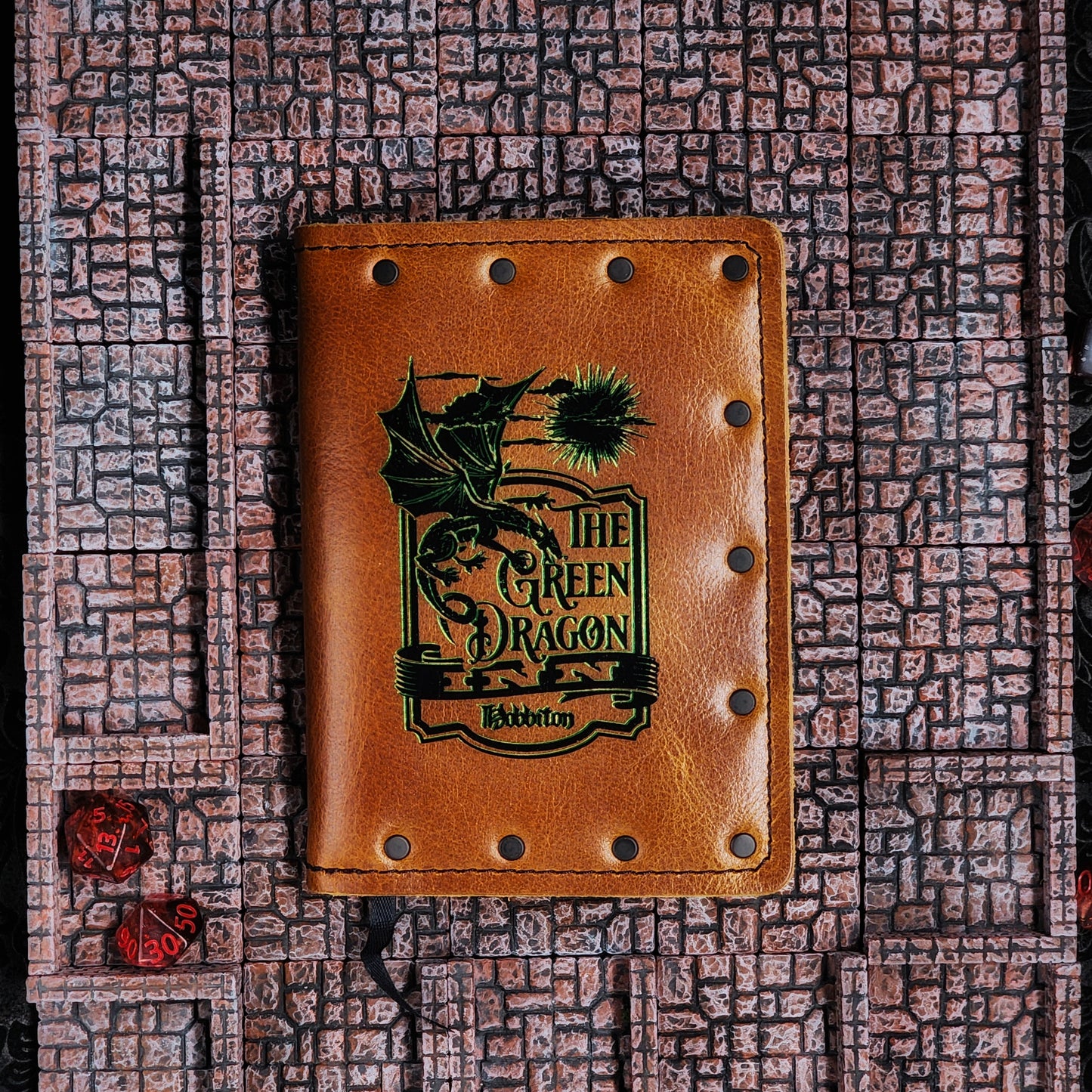 Custom handmade leather pocket journal with Lord of the Rings inspired Green Dragon Inn sign design by Grimbeard Leather