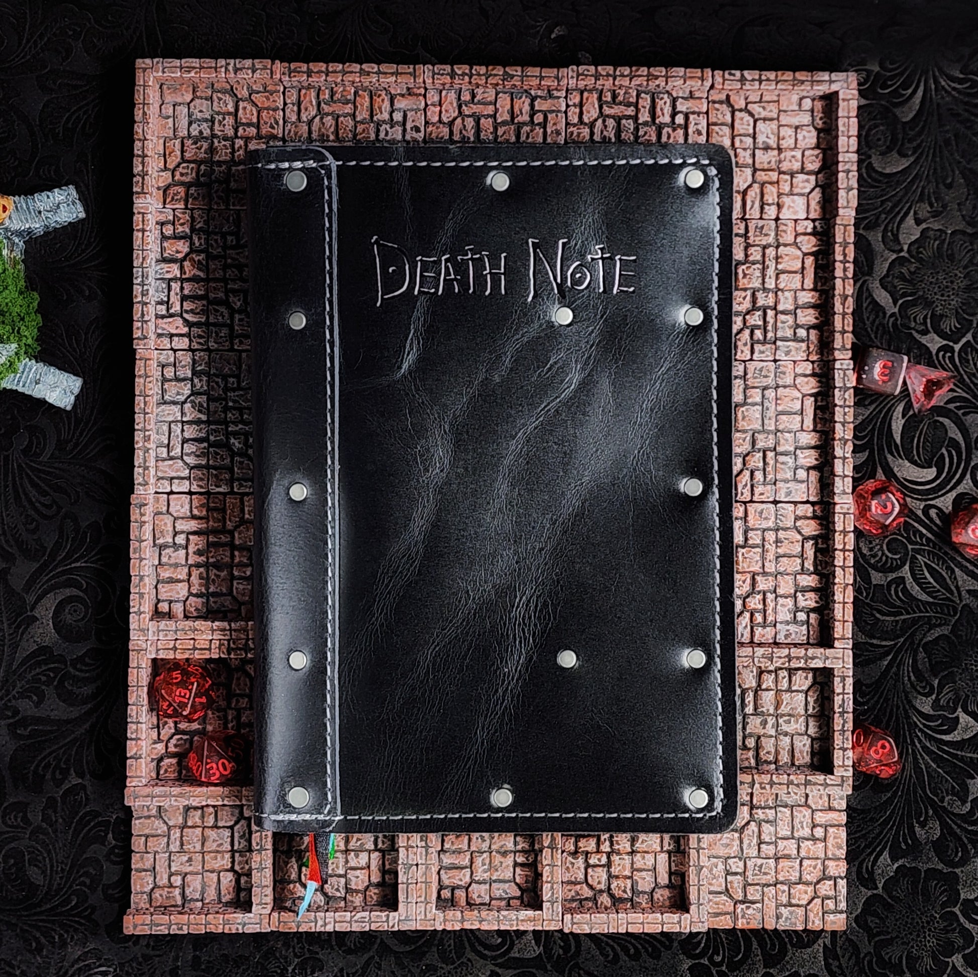Handmade A5 black leather Death Note journal with hand-gilded silver foil title design by Grimbeard Leather