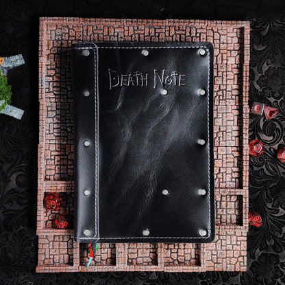 Handmade A5 black leather Death Note journal with hand-gilded silver foil title design by Grimbeard Leather