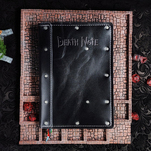 Handmade A5 black leather Death Note journal with hand-gilded silver foil title design by Grimbeard Leather