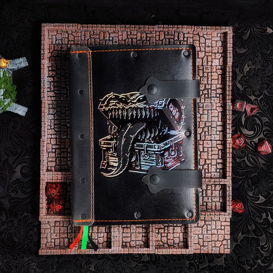 Handmade A5 leather adventure journal with hand-gilded treasure chest mimic monster design by Grimbeard Leather
