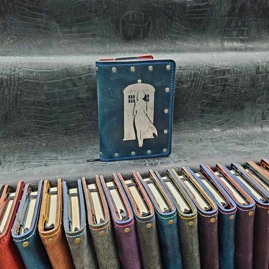Custom handmade leather pocket journal with TARDIS and female Doctor silhouette design by Grimbeard Leather