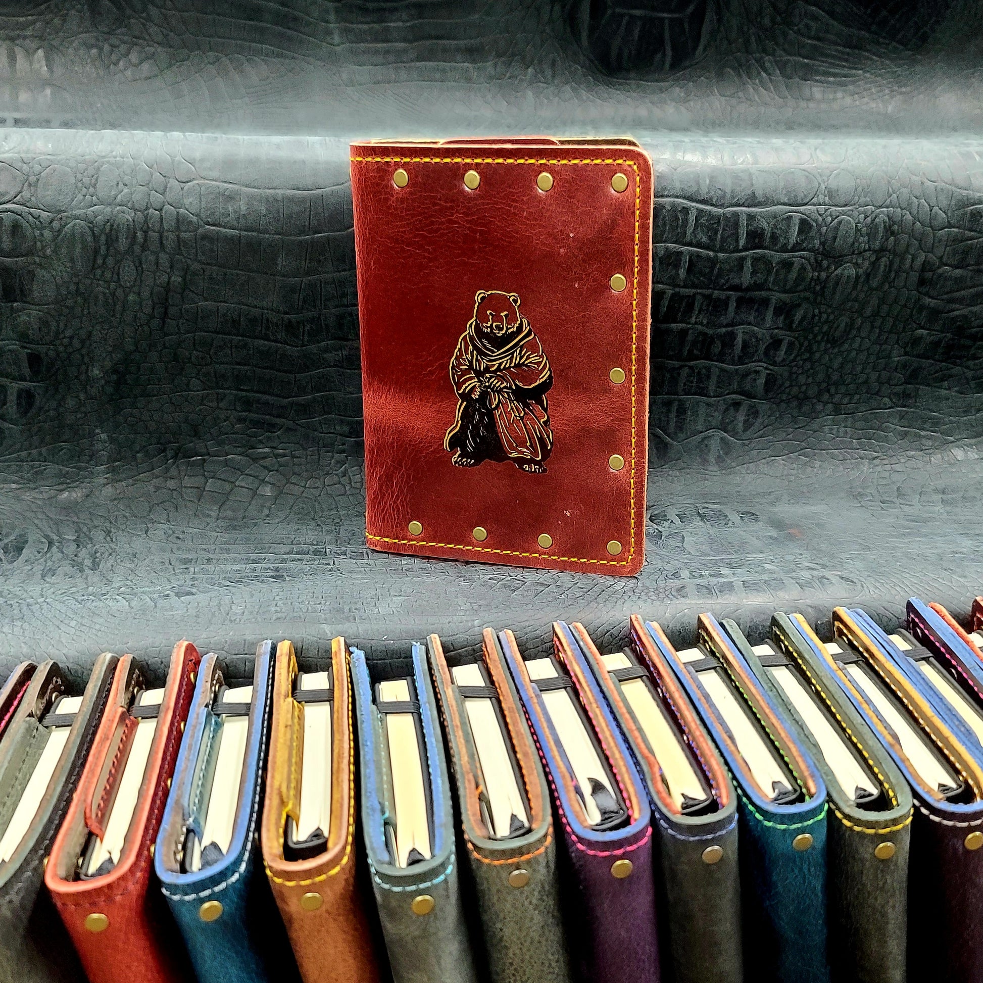 Custom handmade leather pocket journal with D&D inspired Polar Bear Monk character design by Grimbeard Leather