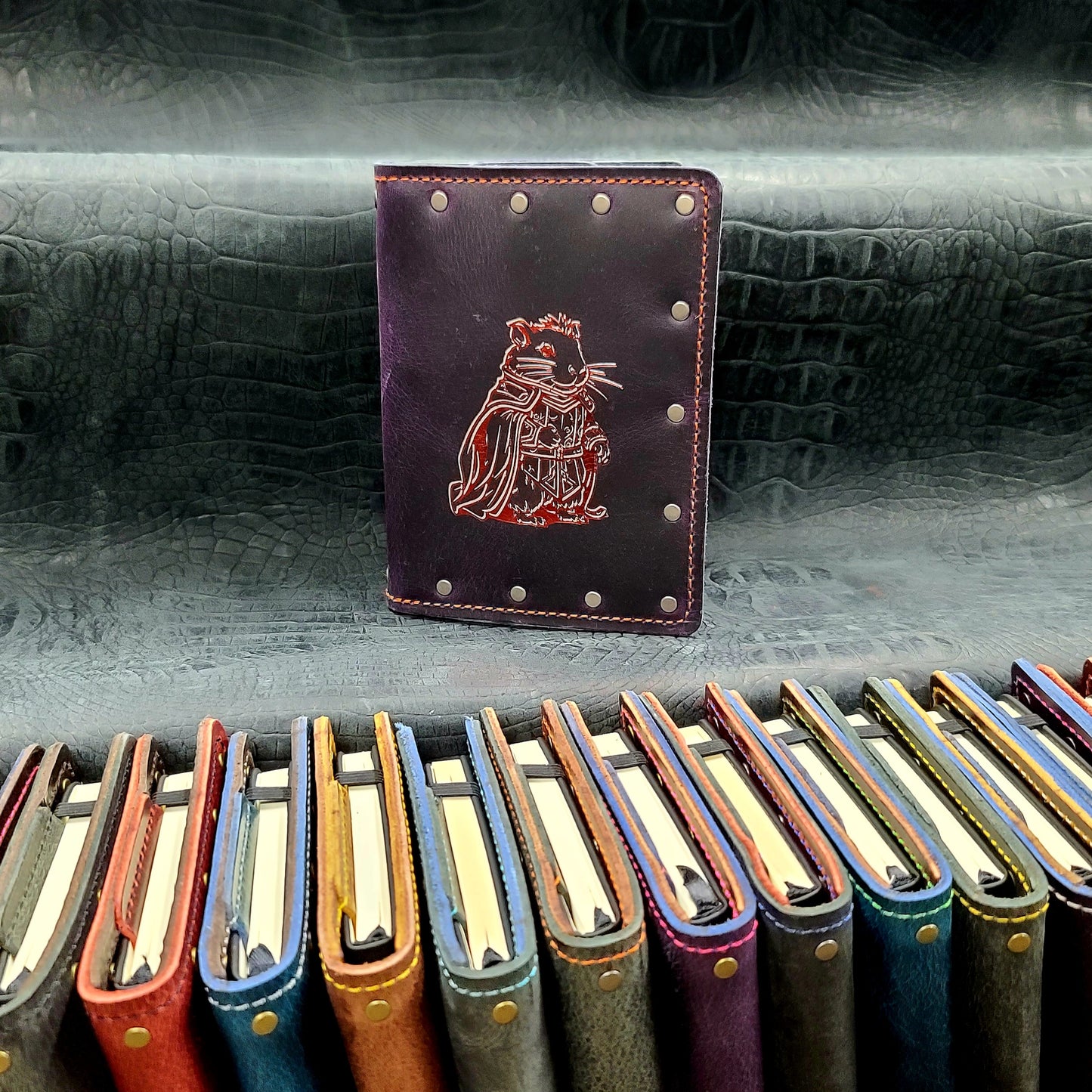 Custom handmade leather pocket journal with D&D inspired Hamster Paladin in plate armor design by Grimbeard Leather