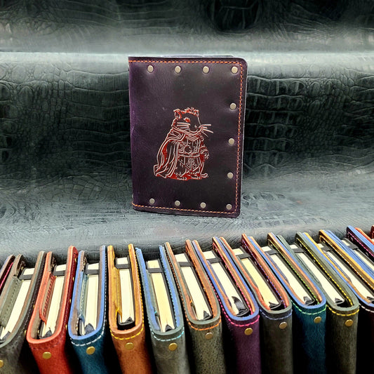 Custom handmade leather pocket journal with D&D inspired Hamster Paladin in plate armor design by Grimbeard Leather