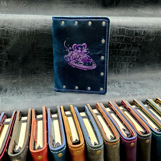 Custom handmade leather pocket journal with hand-gilded mouse in a spaceship sci-fi design by Grimbeard Leather