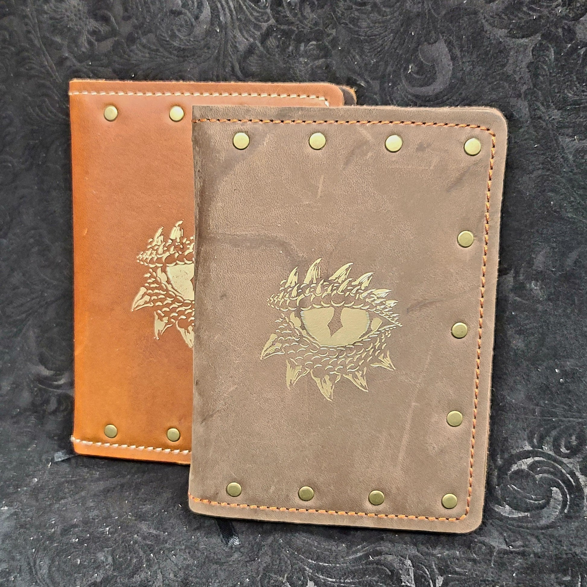 Custom handmade leather pocket journal with hand-gilded dragon eye and surrounding scales design by Grimbeard Leather